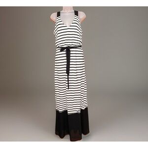 Express Halter Maxi Dress Women M Black White Striped Chiffon Hem Boho Nautical